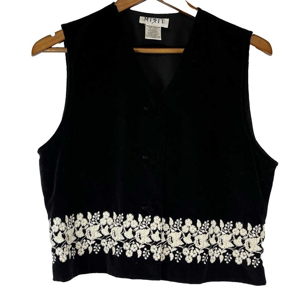 Velvet‎ Vest by Mix It Womens Sz M Black White Embroidery Accents, Y2K Top USA